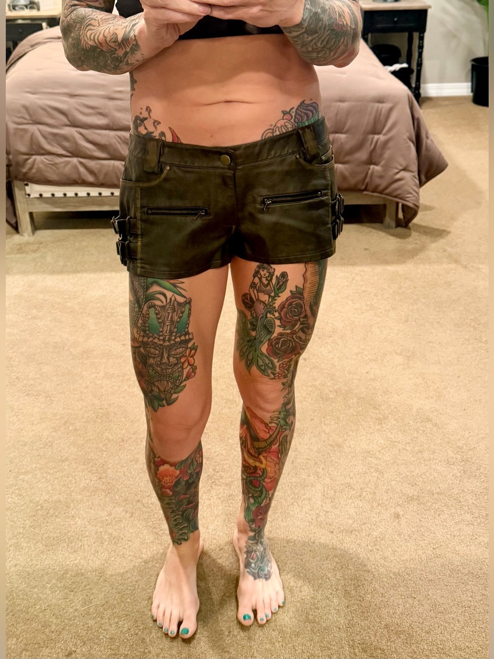 Windsor Olive Green Faux Leather Cargo Shorts with Buckle Details